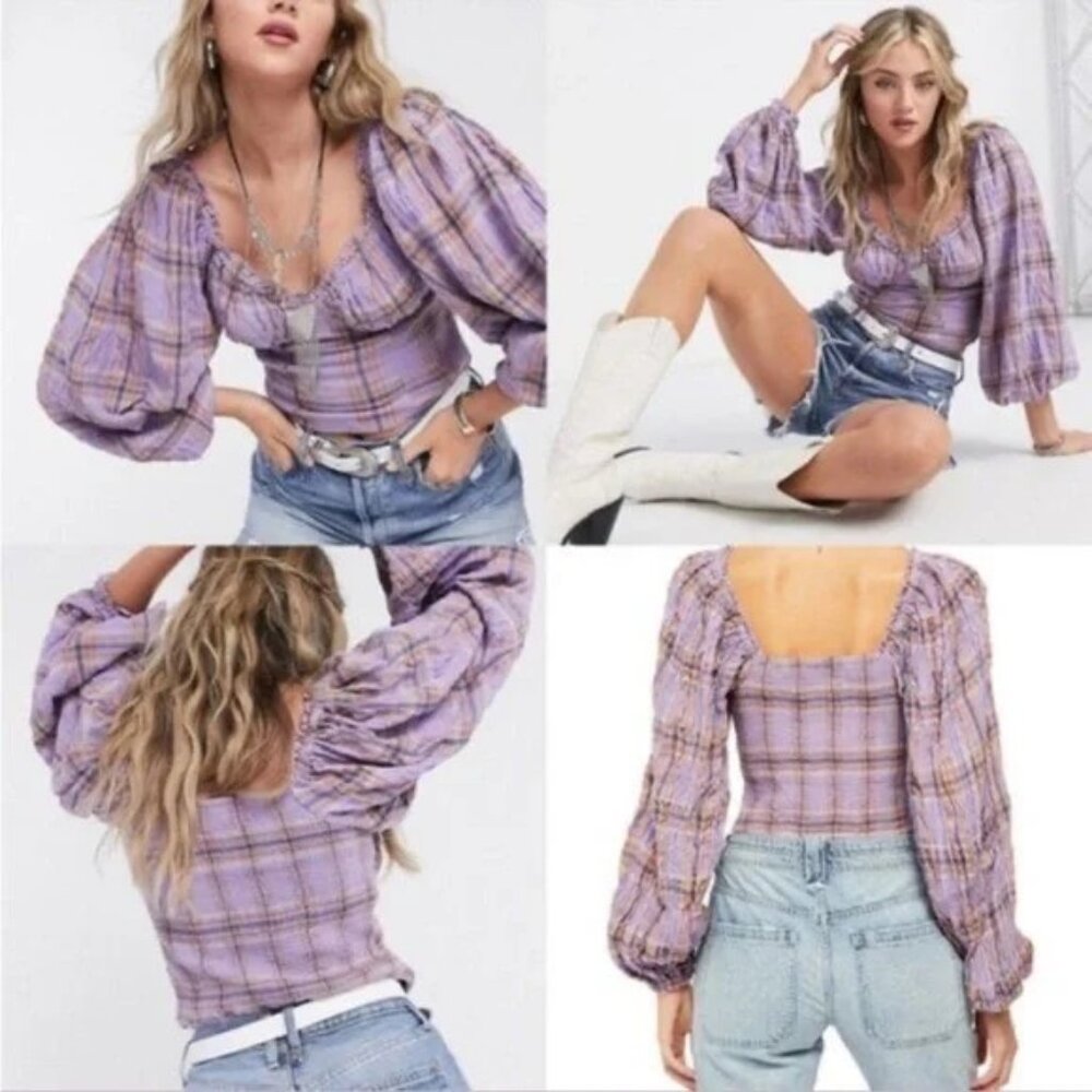 FREE PEOPLE Lavender Plaid Puff Sleeve Crop Midriff Blouse - Picture 2 of 12